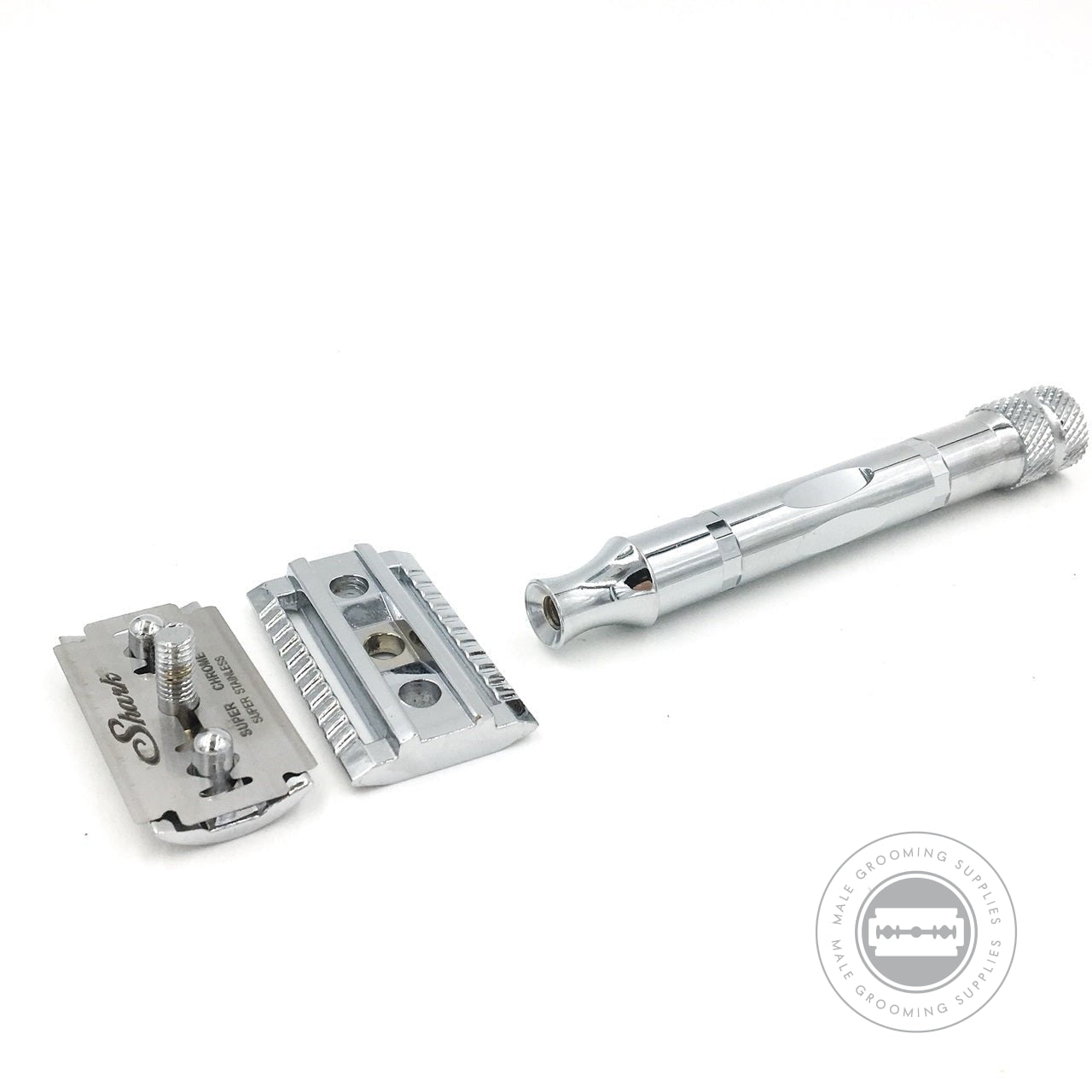 Parker Model No. 89R Safety Razor disassembled into three parts, showcasing the chrome-plated handle, head, and blade holder.