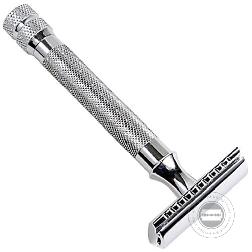 Parker Model No. 91R safety razor with an aggressive textured handle and chrome-plated finish.