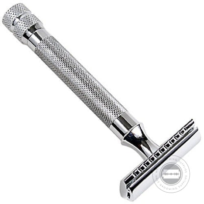 Parker Model No. 91R safety razor with an aggressive textured handle and chrome-plated finish.