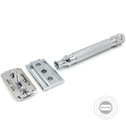 Parker Model No. 91R safety razor disassembled into three parts, showcasing the handle, blade, and razor head with a chrome finish.