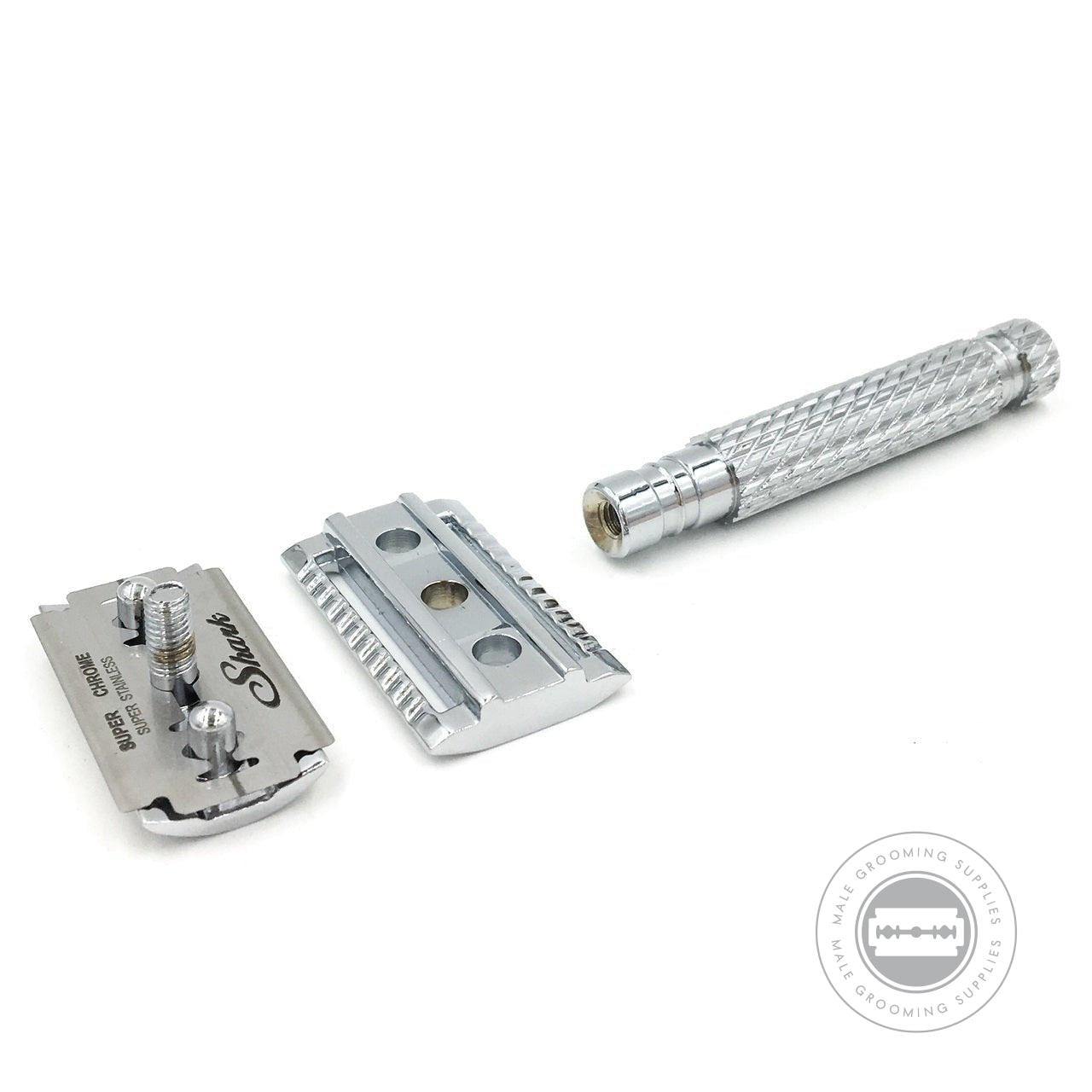 Disassembled Parker Model No. 94R safety razor showcasing the handle, head, and blade.