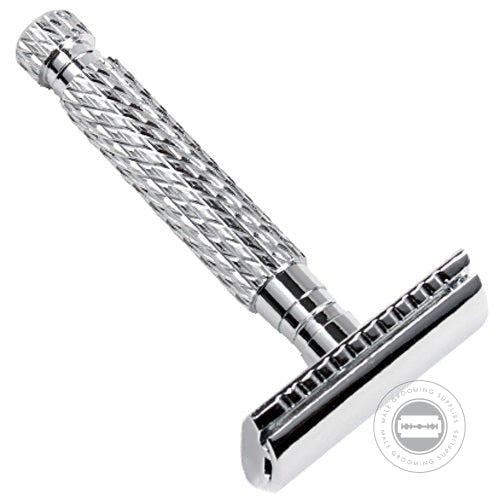 Parker Model No. 94R safety razor with a herringbone-patterned chrome-plated handle.