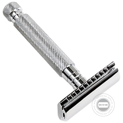 Parker Model No. 97R safety razor with a herringbone-patterned chrome-plated handle.