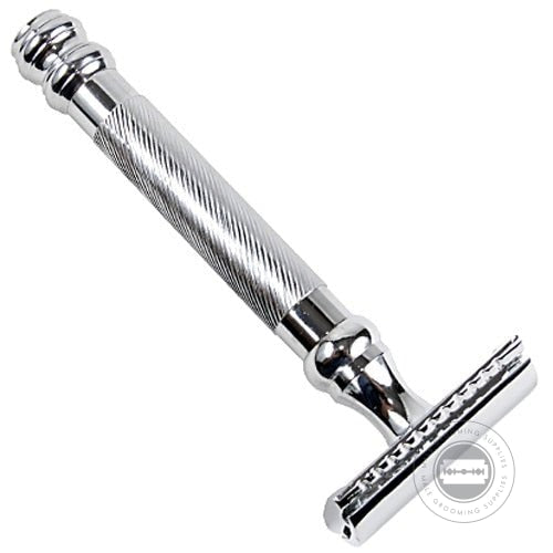 Parker Model No. 98R safety razor with a heavyweight knurled chrome-plated handle.