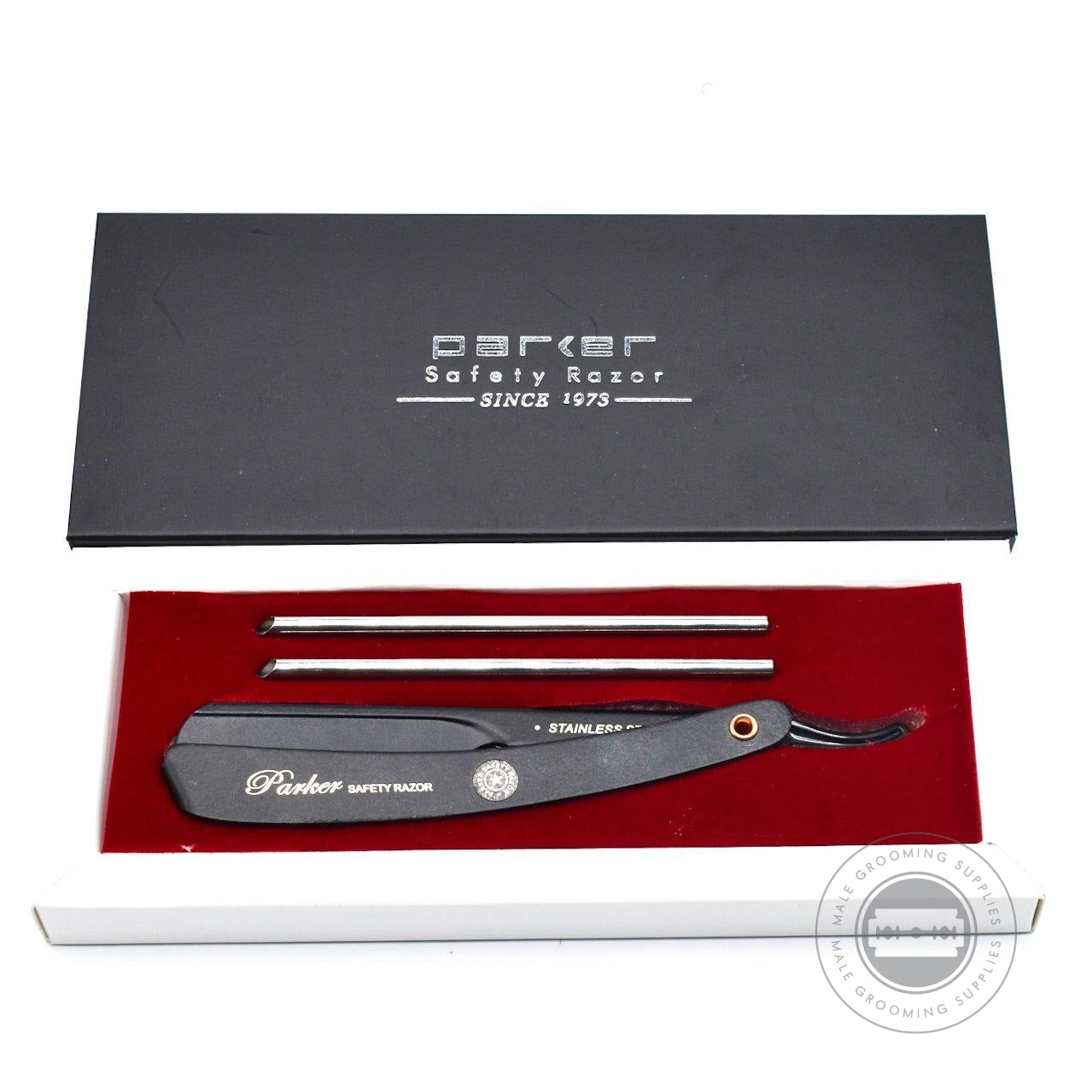 Parker PTABK Stainless Steel Adjustable Barber Razor in a black gift box with three interchangeable blade exposure inserts and an elegant black finish.