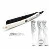 Parker PTAWH Adjustable Barber Razor with a white handle, three blade inserts, and a blade displayed alongside.