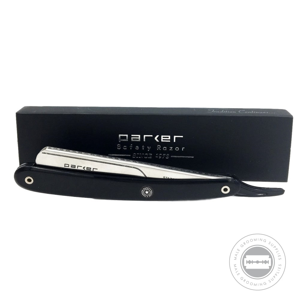 Parker Model No. PTB razor with a sleek black resin handle and stainless steel blade arm, shown inside a black Parker Safety Razor branded box.