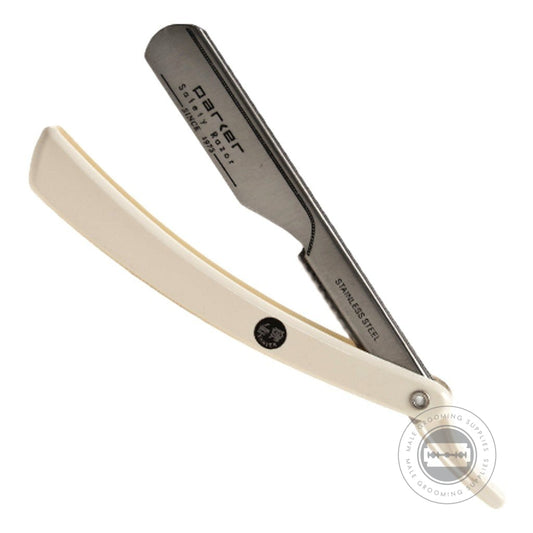 Parker PTW barber razor with a resin handle and stainless steel blade arm.