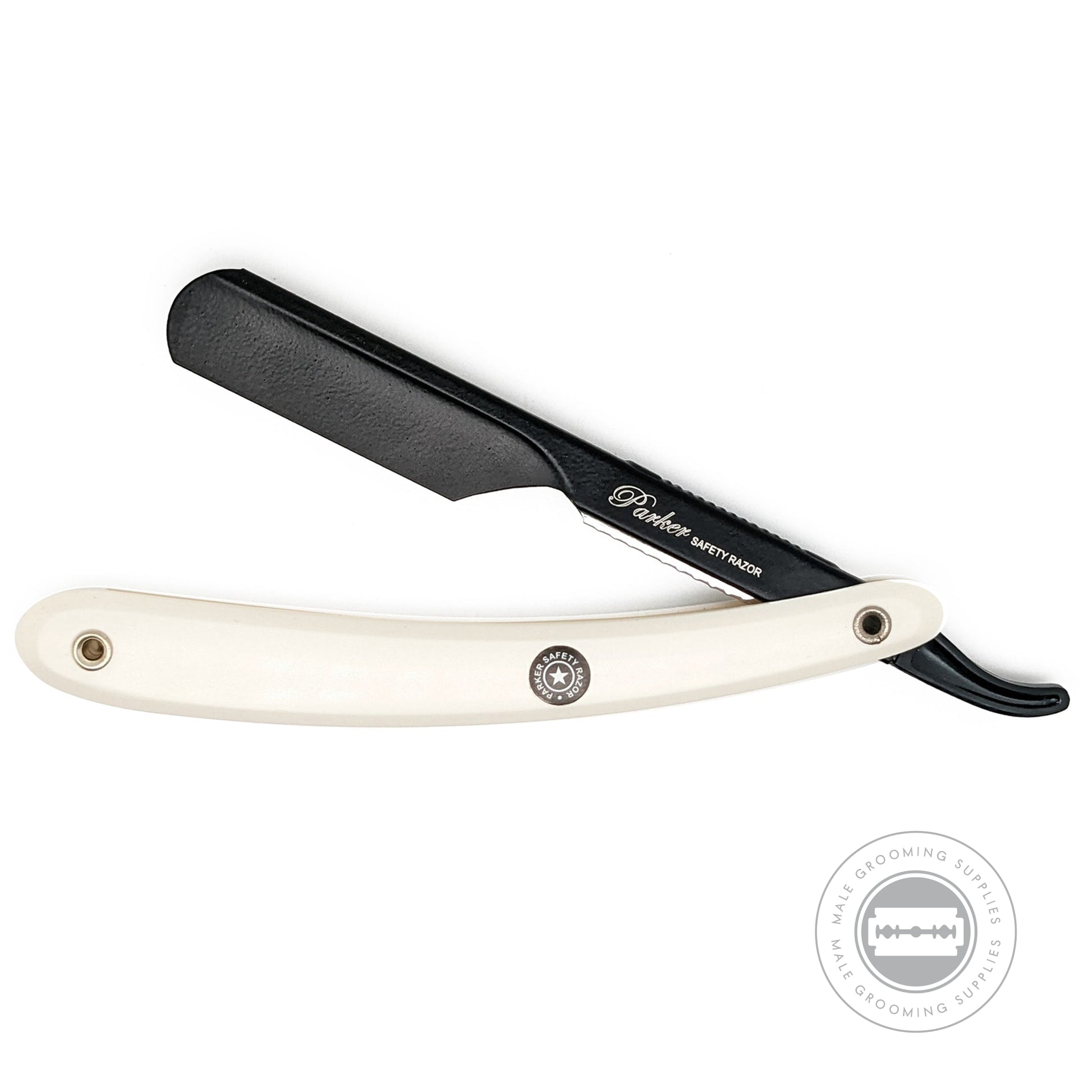 Parker PTWBA straight razor with stainless steel arm and handle in elegant black finish.