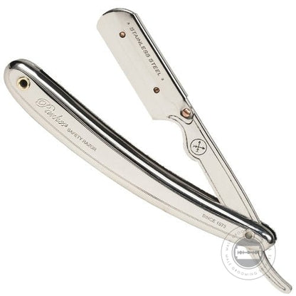 Parker SR1 (31R) straight razor fully open, revealing the blade arm and engraved details, with a polished stainless steel handle.