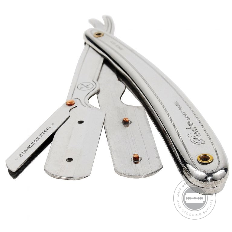 Open Parker SR1 (31R) straight razor with the blade arm extended, highlighting the stainless steel material and precision design.