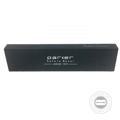 Black presentation box for Parker SR1 (31R) straight razor, featuring the Parker Safety Razor logo and the slogan 'Since 1973.