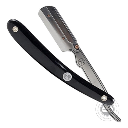 Parker Model No. SRB / 33R straight razor partially open, showing the secure blade placement and ergonomic black resin handle.