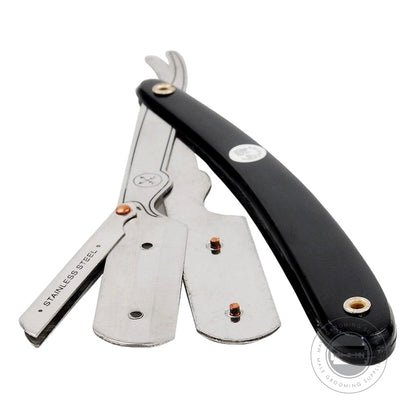 Parker Model No. SRB / 33R straight razor fully open, displaying its stainless steel blade arm and clip to close mechanism.