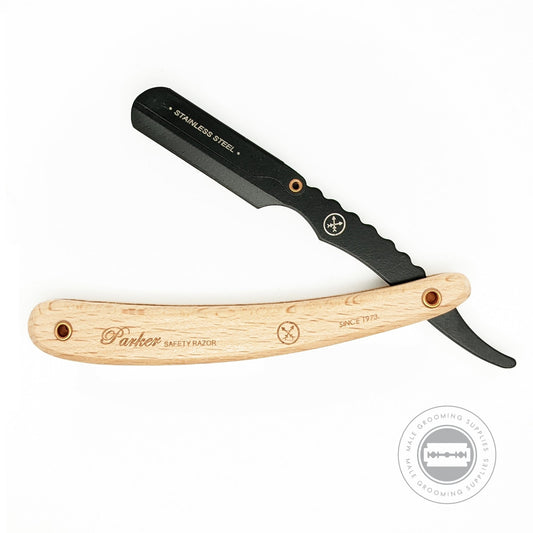 Parker Model No. SRPBA straight razor fully open, displaying the black stainless steel blade arm and smooth pine wood handle engraved with the Parker Safety Razor logo.