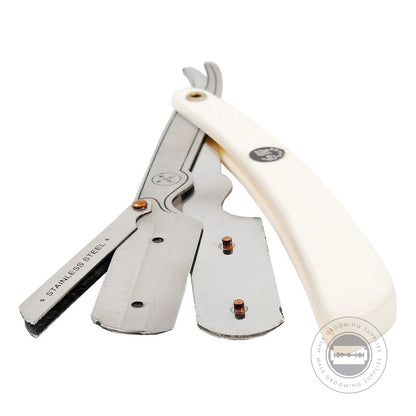 Disassembled Parker Model No. SRW/34R straight razor showing the stainless steel blade arm and clip mechanism.