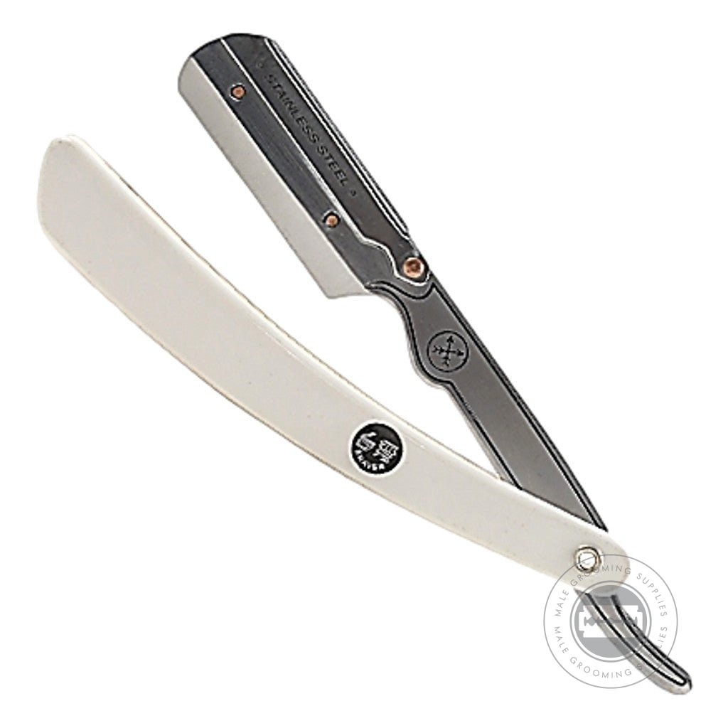 Open Parker Model No. SRW/34R straight razor with white resin handle and stainless steel blade arm.