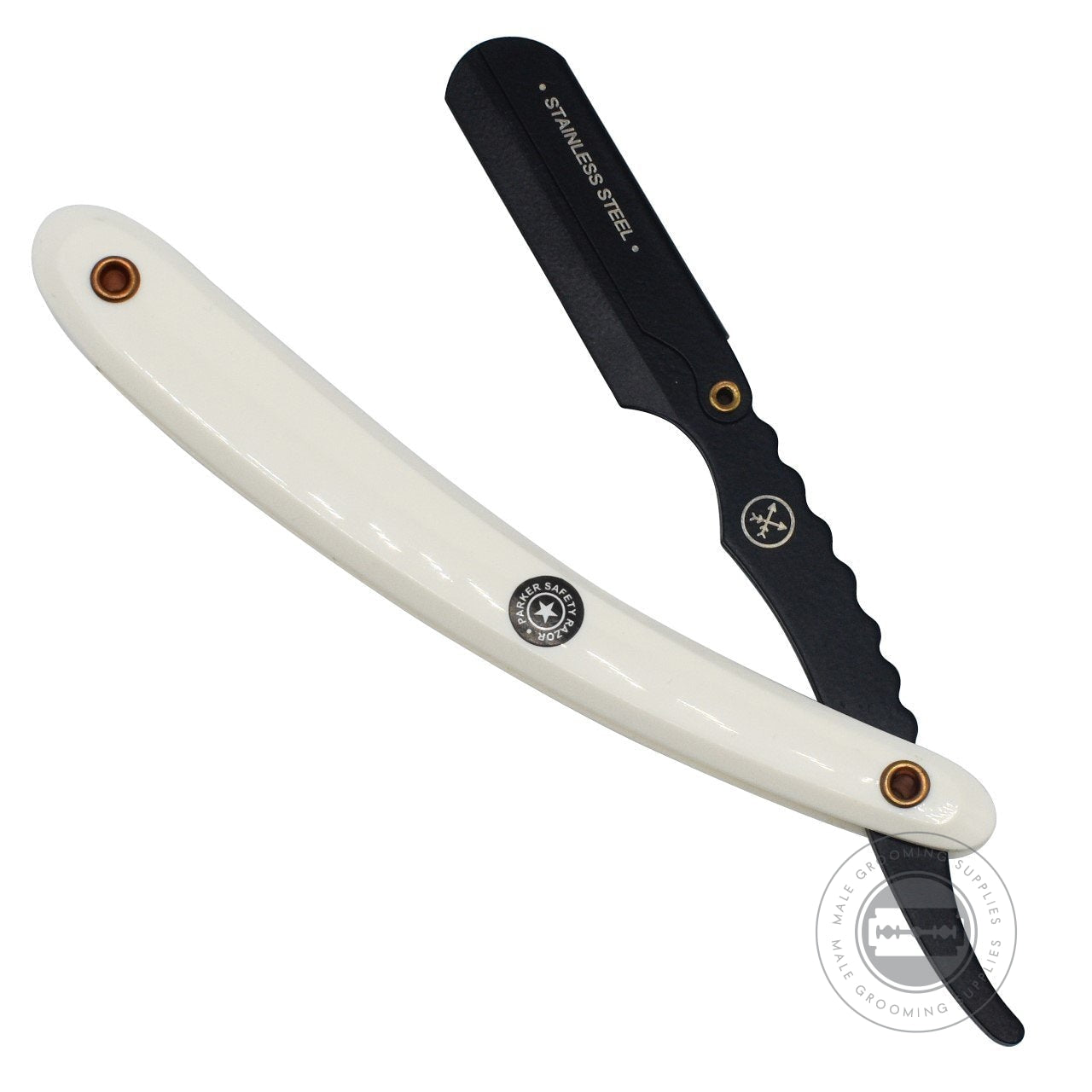 Parker SRWBA straight razor fully extended with premium black stainless steel blade arm and white handle.