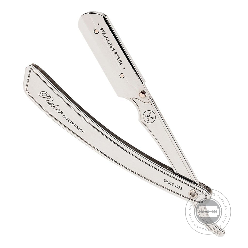 Parker SRX shavette razor with heavyweight stainless steel handle and blade arm.