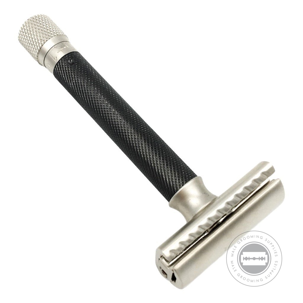 Close-up view of the Parker Variant Adjustable Safety Razor Graphite with knurled graphite handle for secure grip.