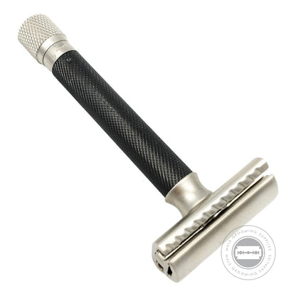 Close-up view of the Parker Variant Adjustable Safety Razor Graphite with knurled graphite handle for secure grip.