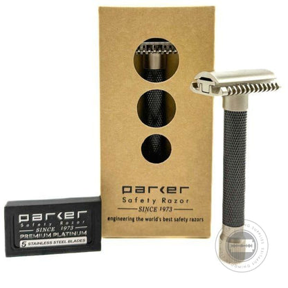 Parker Variant Adjustable Open Comb Safety Razor in Graphite Grey, displayed with original packaging and a pack of Parker Premium Platinum Blades.