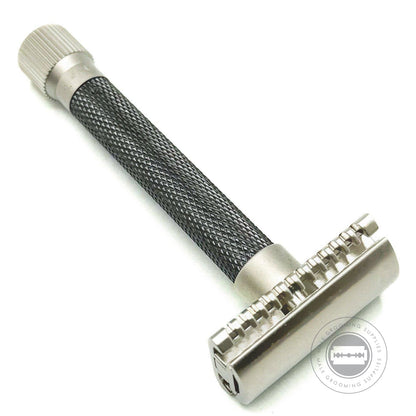 Close-up of the Parker Variant Adjustable Open Comb Safety Razor in Graphite Grey, showing its knurled handle and open comb head design.