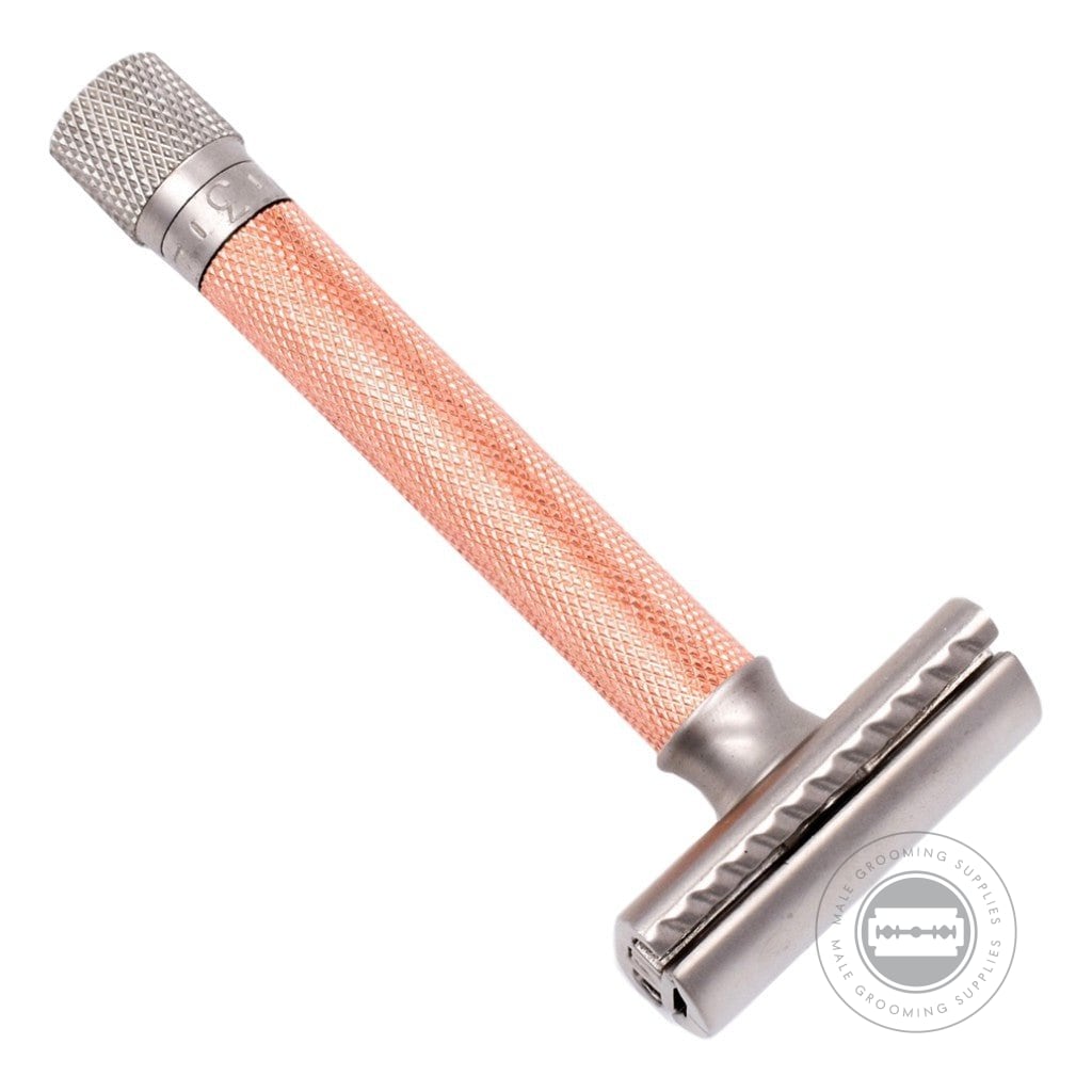 Close-up of Parker Variant Adjustable Safety Razor showcasing the rose gold knurled handle and satin chrome head for precise shaving.