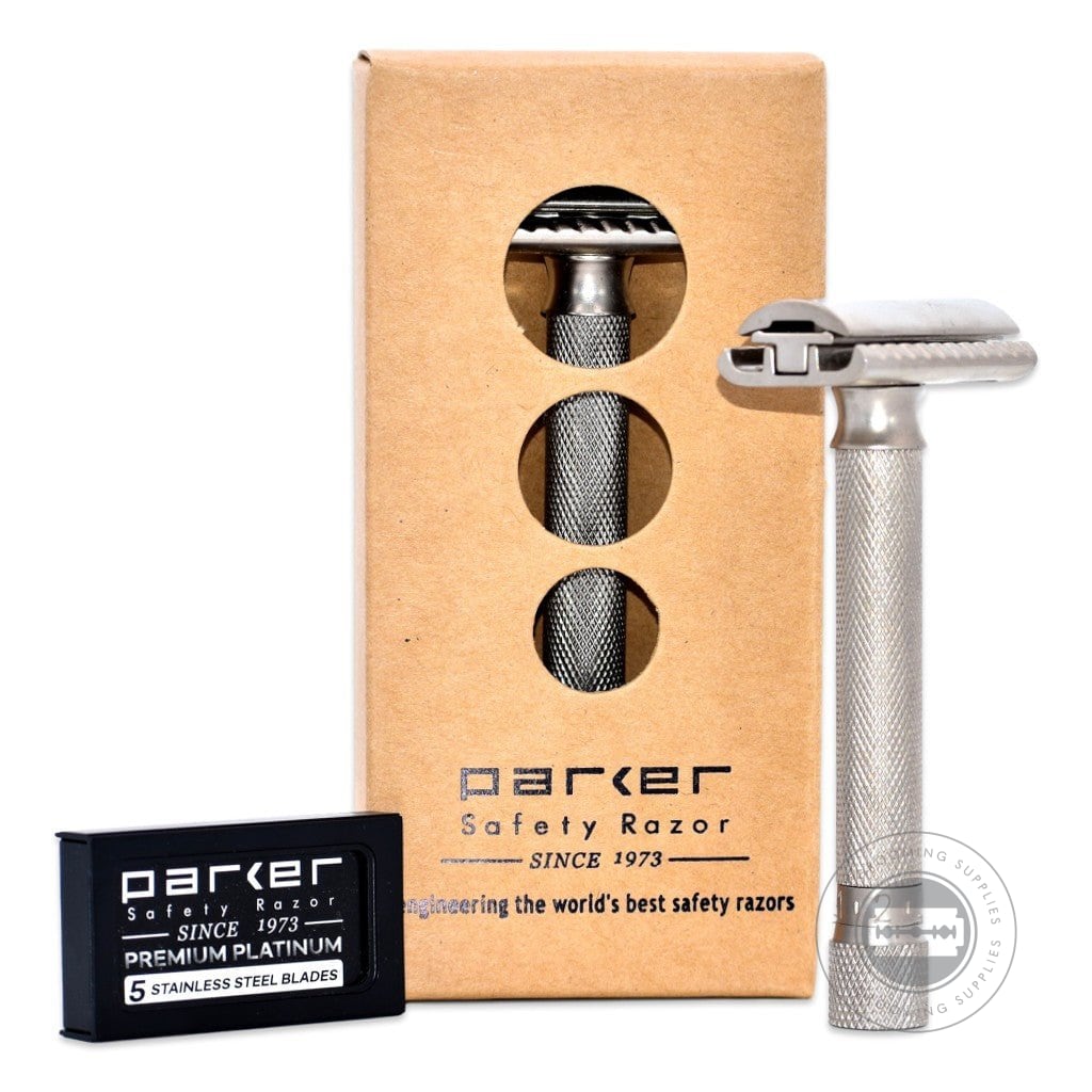 Parker Variant Adjustable Safety Razor Model No. VAR SC in satin chrome finish with included razor blades and eco-friendly packaging.