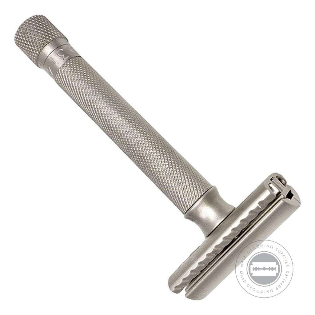 Close-up of Parker Variant Adjustable Safety Razor Model No. VAR SC showcasing the satin chrome-plated handle with precision knurling.