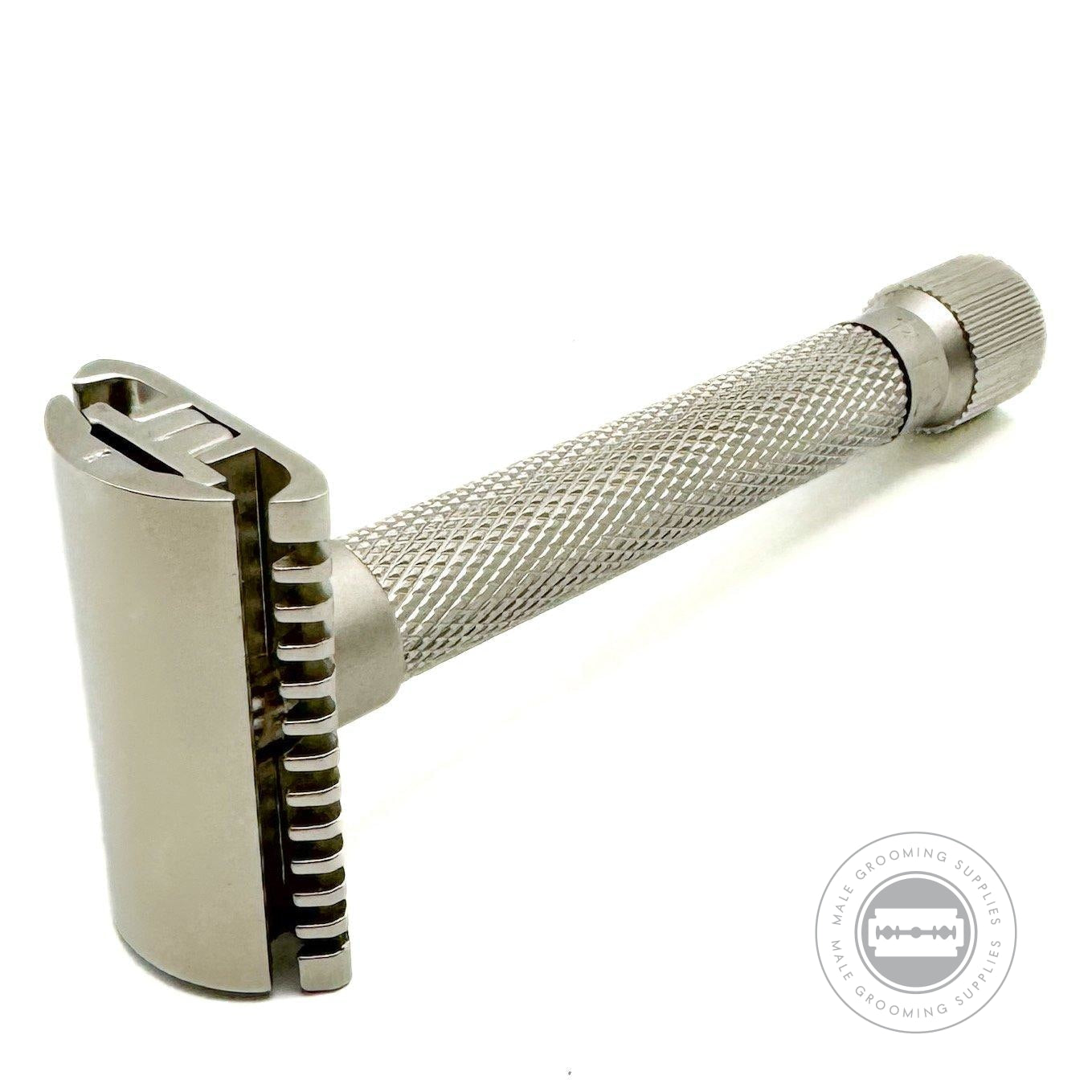 Close-up of Parker Variant Adjustable Open Comb Satin Chrome safety razor, showcasing its satin chrome knurled handle and open comb design.