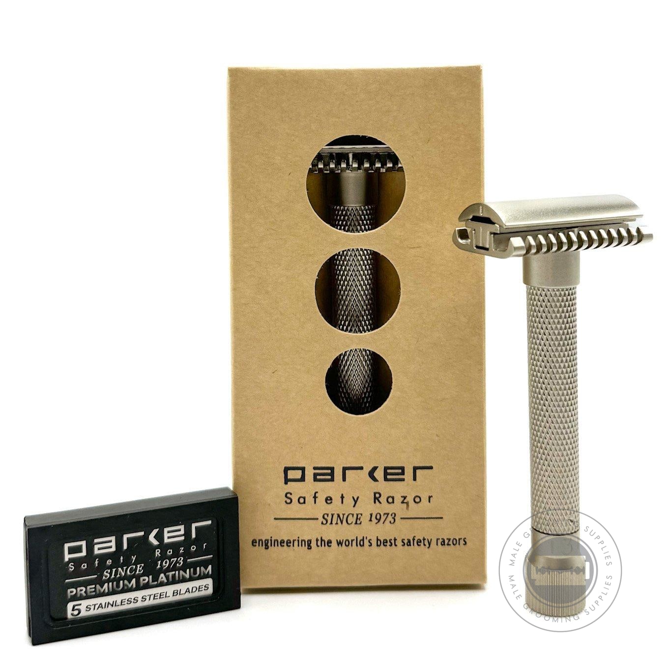 Parker Variant Adjustable Open Comb Satin Chrome safety razor displayed with its cardboard packaging and a pack of Parker Premium Platinum blades.