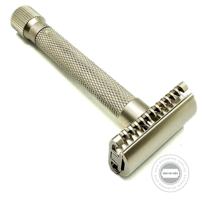 Side view of Parker Variant Adjustable Open Comb Satin Chrome safety razor with precision-engineered open comb head and textured satin chrome handle.