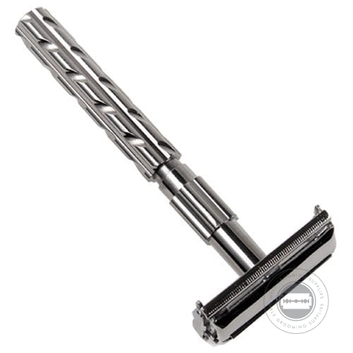 Parker Safety Razor 22R in a gunmetal finish with a butterfly-open mechanism and brass frame.