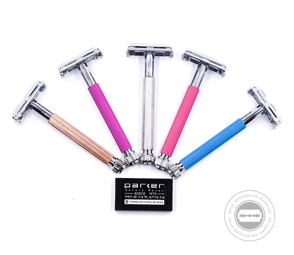 Assorted Parker 29L Safety Razors with coloured handles, featuring chrome-plated accents and a butterfly-open design.