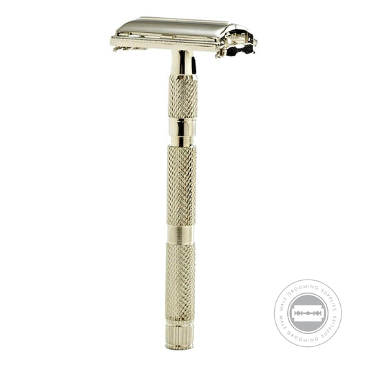 arker 52 Safety Razor with a closed comb butterfly action and chrome-plated finish.