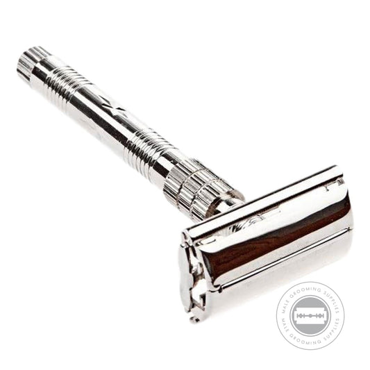 Parker 79R Safety Razor with a chrome-plated brass handle and intricate detailing.