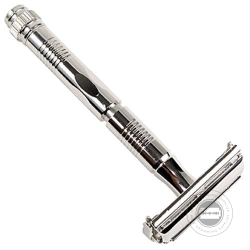 Parker 90R Safety Razor with a long slim handle, butterfly-open design, and chrome-plated finish.