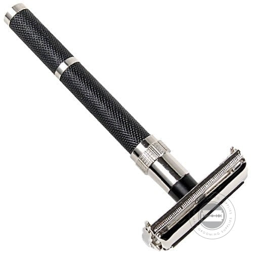 Parker 96R Butterfly Open Safety Razor with textured black and chrome handle and twist-to-open head.