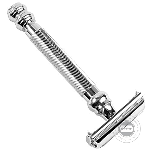 Full-length view of the Parker 99R Safety Razor with its polished chrome-plated brass handle and classic butterfly open design.