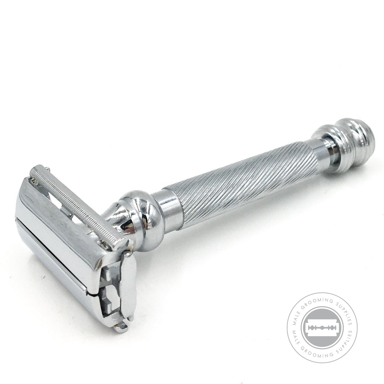 The Parker 99R Safety Razor angled view, highlighting its durable chrome-plated brass handle and butterfly doors slightly open for blade replacement.