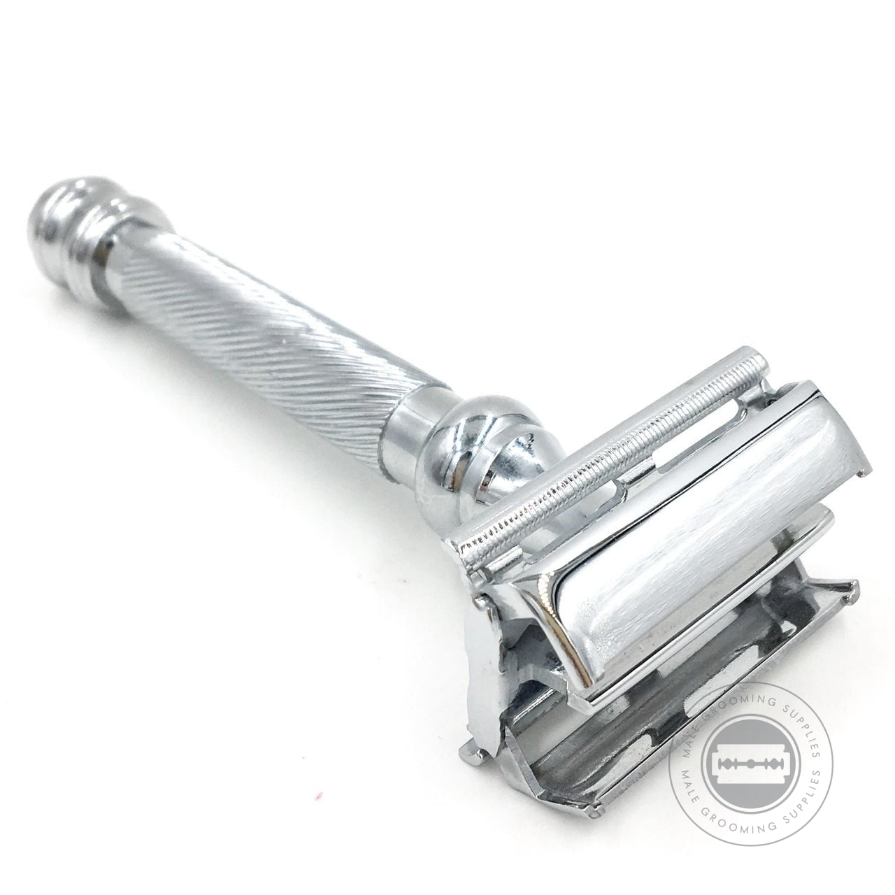 A close-up of the Parker Safety Razor 99R showcasing its chrome-plated brass handle with a distinguished knurled pattern, butterfly open mechanism displayed.