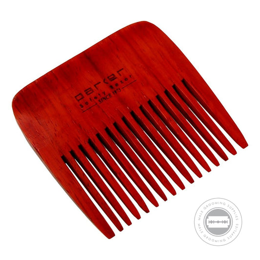 Close-up of Parker Premium Rosewood Beard Comb, showcasing the smooth wooden teeth and Parker Safety Razor logo.