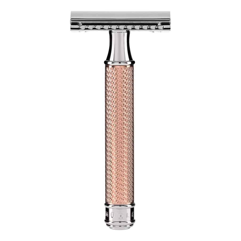 Muhle R89 Rosegold Safety Razor with a sleek combination of rose gold and chrome finishes, ideal for both beginners and experienced wet shavers.