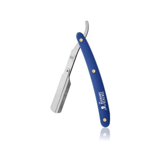 The Bluebeards Revenge ‘Cut-Throat’ Razor with a blue handle featuring the skull and crossbones logo, and a stainless steel blade holder with a sleek design