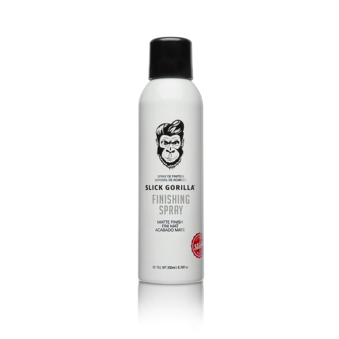 Slick Gorilla Finishing Spray 200ml aerosol can with matte finish design, offering light to mid-hold for natural hairstyles.