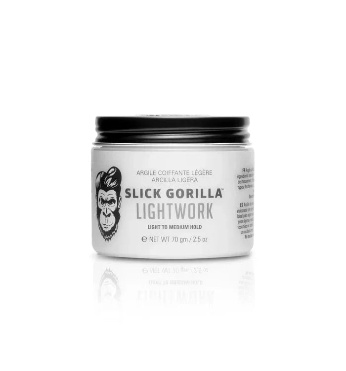 Slick Gorilla Lightwork Clay, 75g, in a sleek jar for lightweight hair styling with a matte finish.