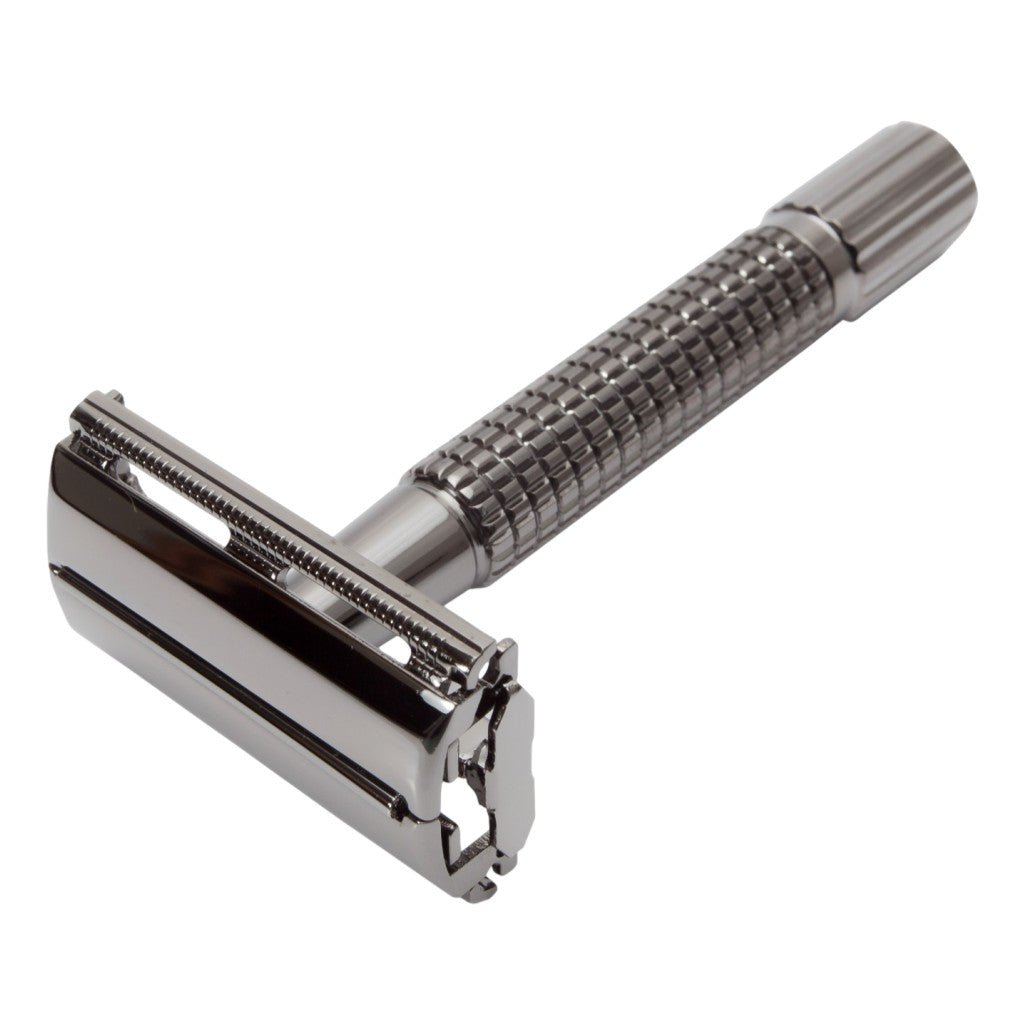 Timor Black Gun Metal Chrome Butterfly Safety Razor with black finish.