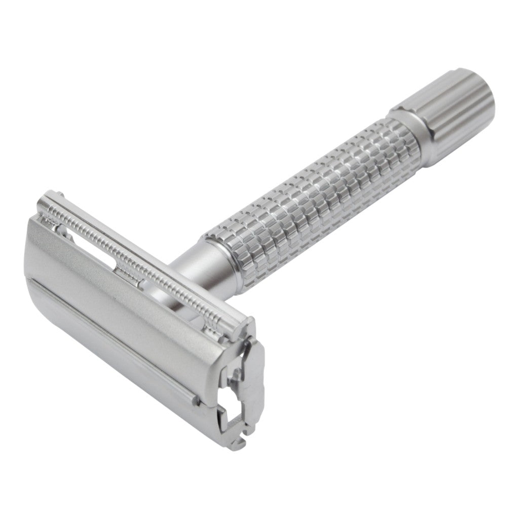 A full view of the Timor Matt Chrome Butterfly Safety Razor 1320, highlighting the butterfly opening mechanism and elegant design.