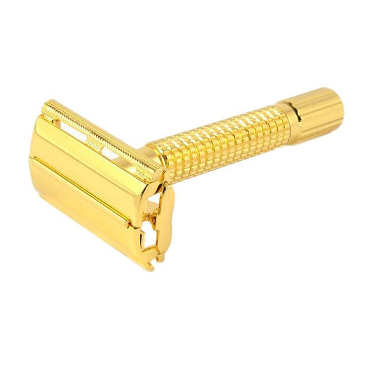 Timor Shiny Gold Butterfly Safety Razor with 18K gold plating and easy blade replacement, made in Germany.